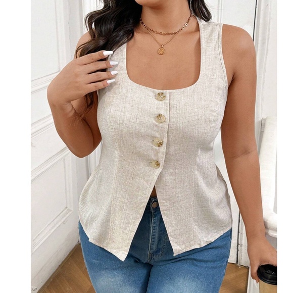 Plus Linen Button Down Sleeveless Minimalist Tank Top - Picture 5 of 9